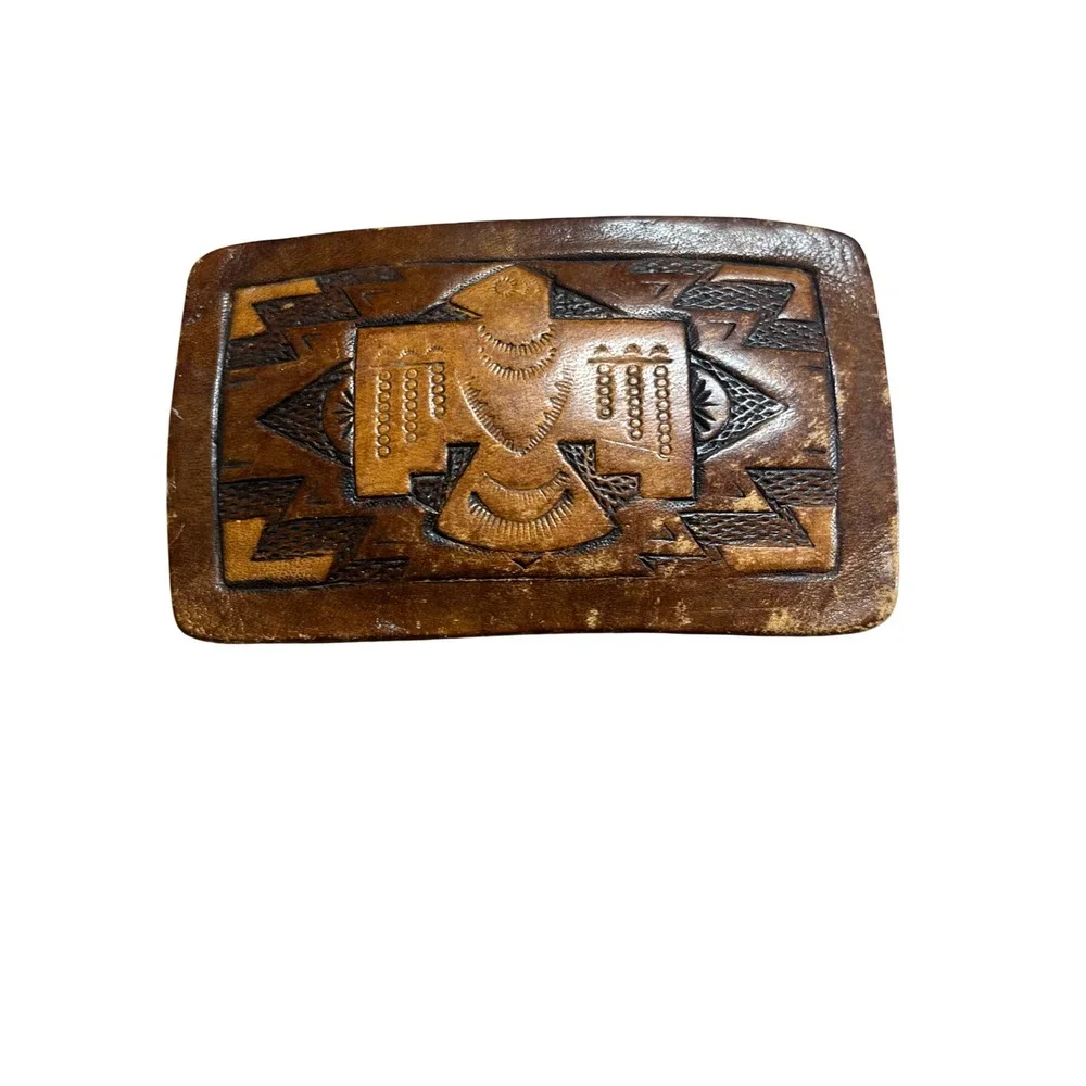Vintage Hand Tooled Leather Thunderbird Belt Buckle Brown Southwestern Western